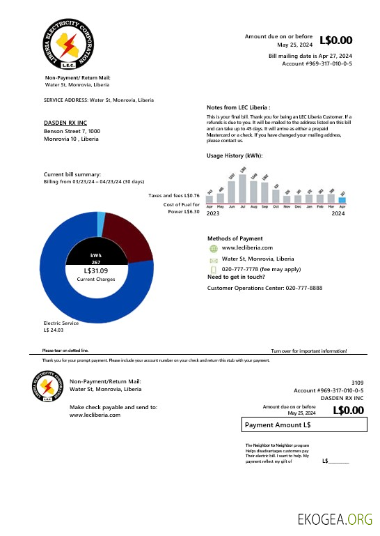 Modèle de facture de services publics de la Liberia Electricity Corporation aux formats Word et PDF